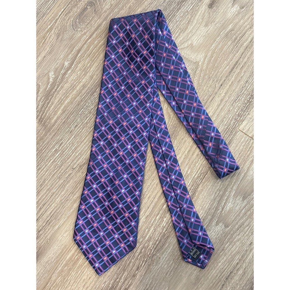 Ike Behar New York Mens Blue Purple Orange Geometric Plaid Silk Necktie